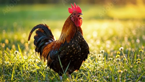 Majestic rooster crowing in a vibrant green meadow illuminated by the golden morning sunlight with blurred background
