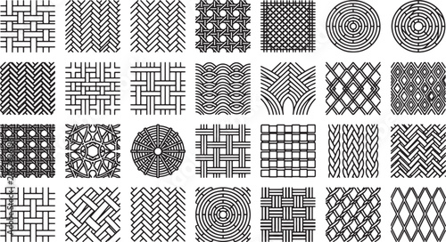 Set of woven texture patterns featuring geometric wicker and rattan weave designs in black and white vector