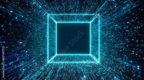 Glowing cyan cubic frame illuminates a tunnel formed by streaks of digital light particles