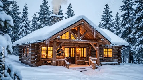 Cozy snow-covered log cabin in a winter wonderland, warm lights illuminate the inviting home and forest