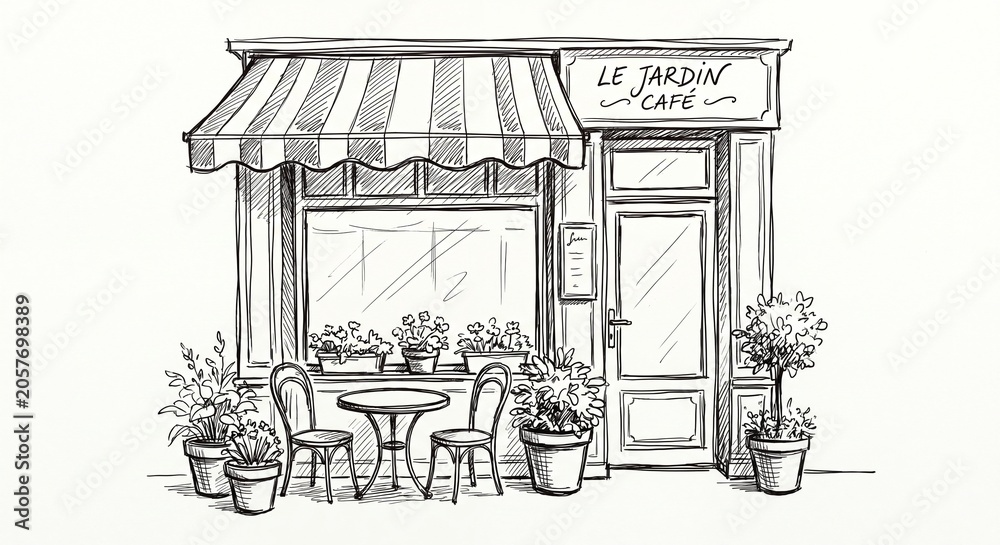 Fototapeta premium Hand Drawn European Coffee Shop Facade Line Art Illustration