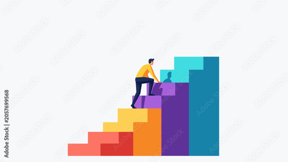 Fototapeta premium Man climbing colorful stairs to success growth progress