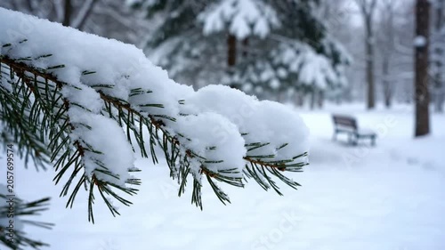 Snowy Scene of a Coniferous Branch with Snow Falling, Blurred Background Showing Bench and Winter Trees
