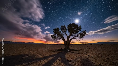 Time-lapse of a lone tree against a stunning night sky filled with stars and the moon in a desert landscape