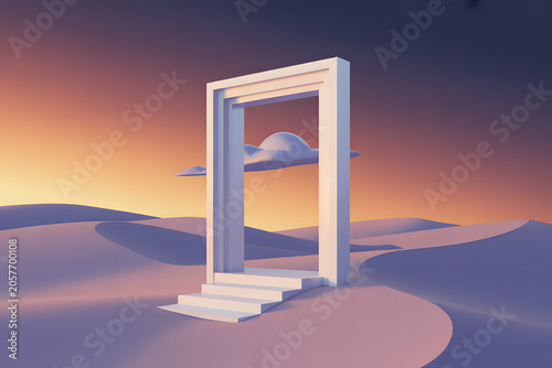Minimalist surreal scene featuring white doorway and staircase in colorful landscape with floating cloud, symbolizing opportunity, imagination, and creative transformation