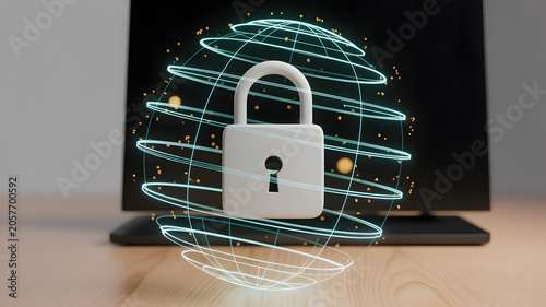 Stylized 3D illustration of padlock surrounded by glowing digital globe with circular data lines, symbolizing global cybersecurity, data protection, and online privacy