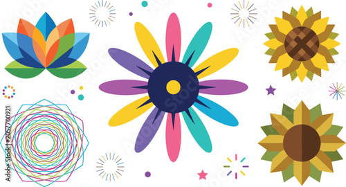 Colorful geometric flower vector element set featuring abstract lotus sunflower daisy mandala designs and festive celebration starburst sparks
