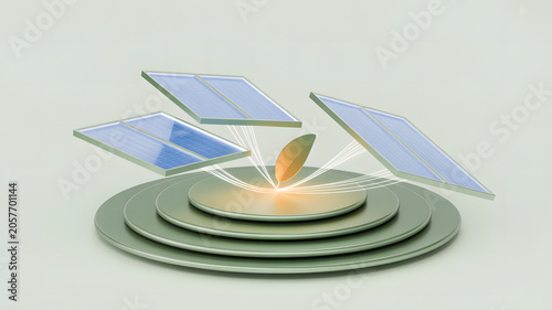 Stylized 3D illustration of solar panels radiating energy toward a glowing leaf sprouting from circular layers, symbolizing renewable energy, sustainability, and eco-friendly innovation