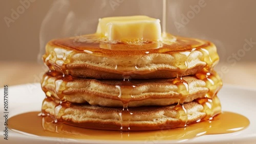 Delicious Stack of Fluffy Pancakes with Melted Butter and Dripping Maple Syrup on a White Plate for Breakfast