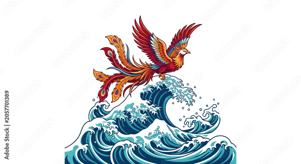 Obraz premium Mythical Phoenix Bird Rises Above Crashing Ocean Waves.