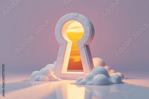 Stylized 3D illustration of a large keyhole structure surrounded by clouds with glowing sunlight streaming through, symbolizing opportunity, vision, and unlocking potential