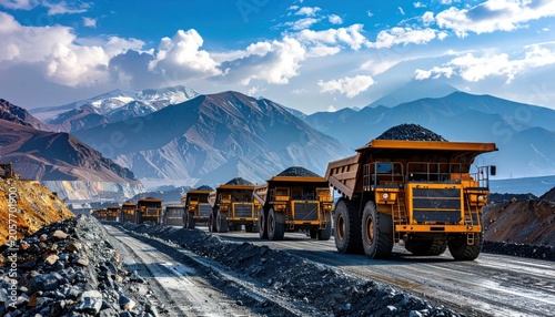 Large mining trucks on mountain road.