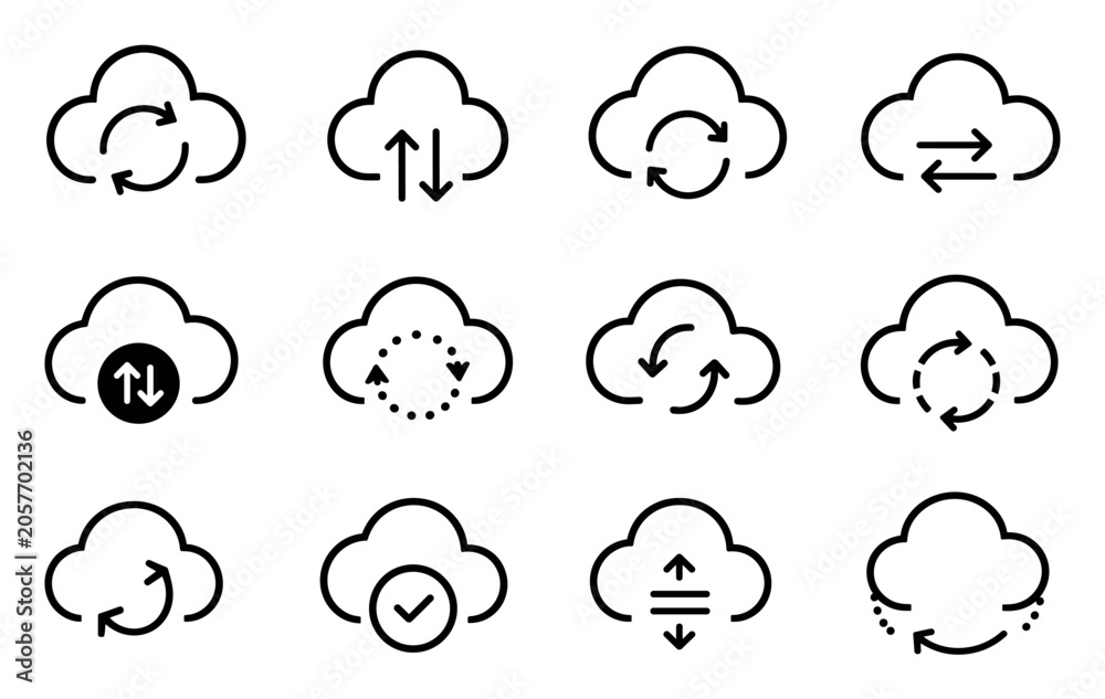 Fototapeta premium Cloud computing sync and backup icon set featuring various line designs with arrows for data transfer, upload, download, storage, and system updates