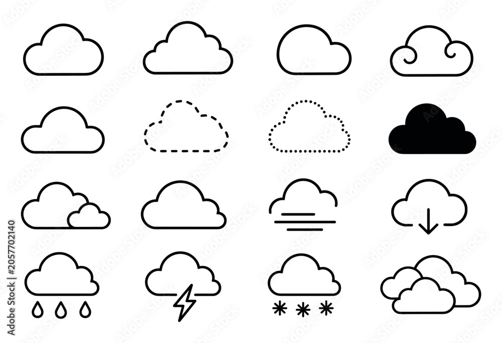Obraz premium Cloud outline icons set for weather forecast, featuring various designs including rain, lightning, snow, fog, download, dashed lines, and solid shapes for web and graphic design