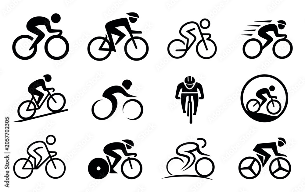 Naklejka premium Bicycle rider icons and cycling pictograms set featuring various minimalist designs of cyclists riding bikes for sports, racing, and recreation graphic design elements