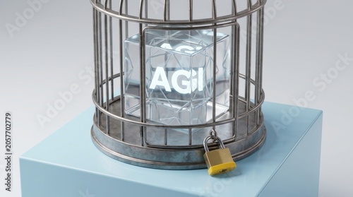 AGI Artificial Intelligence Cube Locked in Birdcage with Padlock Symbolizing Restriction