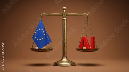 European Union flag and AI letters on scales of justice symbolizing regulation and technology