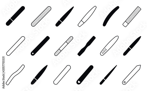 Nail file icons for manicure and pedicure set featuring various shapes of emery boards and nail care tools in black outline and solid silhouette styles