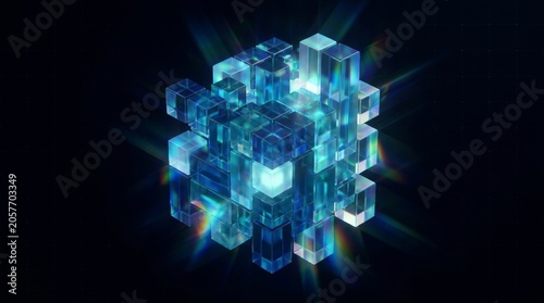 Futuristic glowing blue glass cubes forming abstract data structure on dark background
