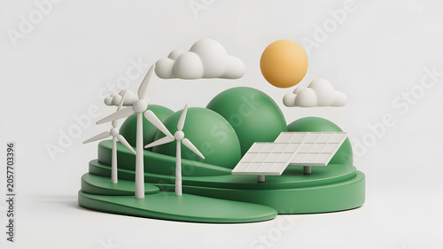 Stylized 3D illustration of green hills with wind turbines, solar panels, and bright sun, symbolizing renewable energy, sustainability, and eco-friendly technology for a cleaner future