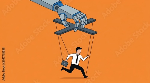 Robot hand controlling businessman like a puppet with strings on orange background