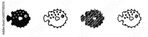 Photos Cute pufferfish illustration in various artistic styles on white background