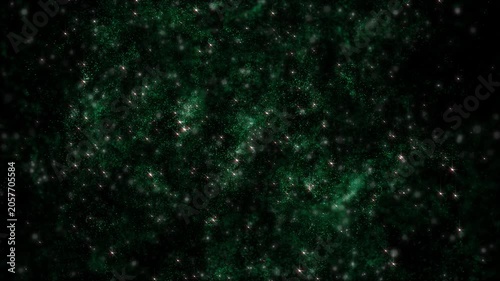 Abstract dark background with glowing green particles and nebula-like texture, featuring subtle cosmic motion and atmospheric energy for futuristic digital visual design