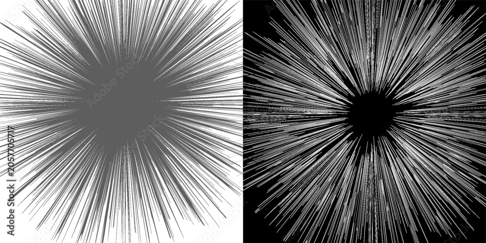 Fototapeta premium Abstract background with burning lines in cicrle. Design element or icon. Black shape on a white background and the same white shape on the black side. S