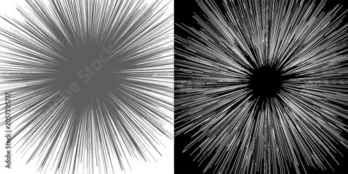 Abstract background with burning lines in cicrle. Design element or icon. Black shape on a white background and the same white shape on the black side. S