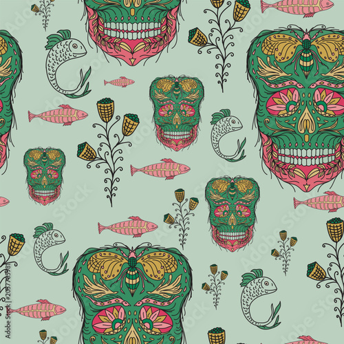 Seamless Pattern of Sugar Skulls with Fish and Floral Elements on Sage Green Background