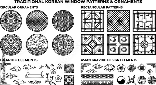Traditional korean window pattern. Circle ornament, rectangular geometric cutter decor and asian graphic design element vector set