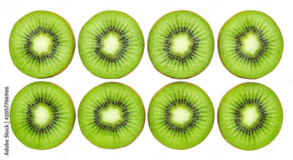Fototapeta premium Eight vibrant slices of fresh kiwi fruit arranged in two rows on a black background