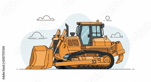 Fotografia A bright yellow bulldozer with a large blade sits ready for work under a simple