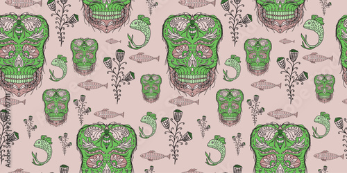 Seamless Pattern of Green Sugar Skulls and Whimsical Fish on Light Pink Background