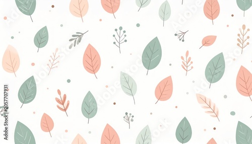 Soft pastel leaf and branch seamless pattern background.