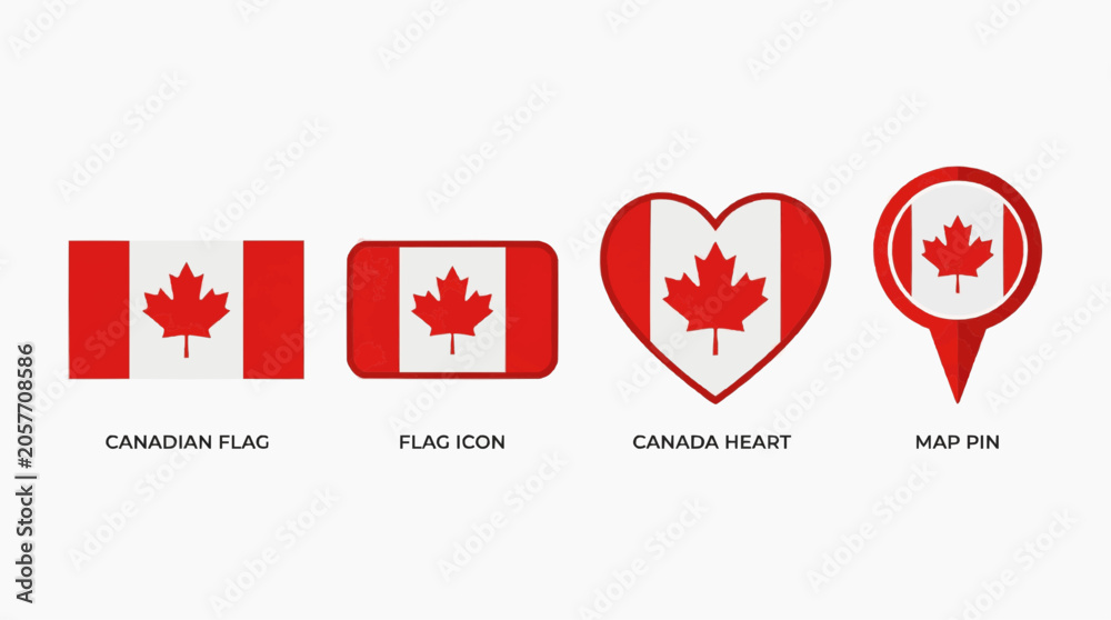 Fototapeta premium Canada flag set, Canadian flag icon, heart and pin symbol, clean flat vector isolated