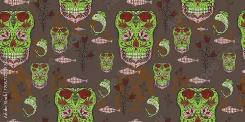 Gothic Seamless Pattern of Green Skulls and Floral Motifs on Dark Brown Background