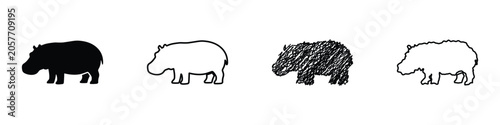 Fényképezés Collection of four distinct hippopotamus silhouette illustrations on white backg