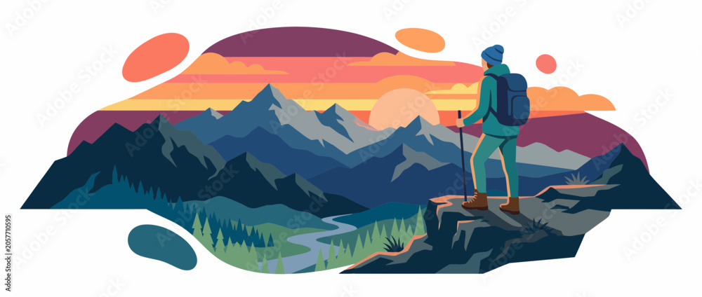 Fototapeta premium Hiker Standing on Mountain Cliff Overlooking Sunrise Landscape Vector