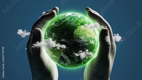 Hands holding green earth globe.