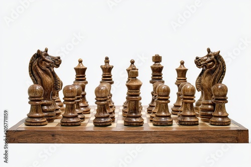 A finely crafted wooden chessboard is set up for a strategic game, with intricately carved pieces poised for battle, ready to challenge the mind.