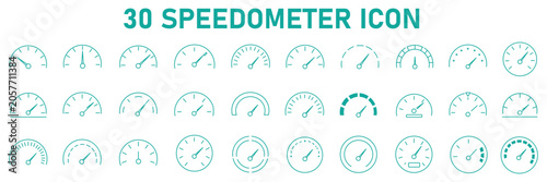 Photos Speedometer Icon Set, speed indicator gauge dashboard tachometer scale, speedometer with arrow, editable stroke line vector illustration for vehicle, app, and dashboard design