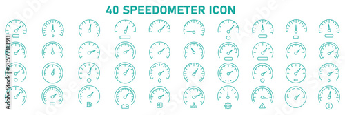Konstfotografi Speedometer Icon Set, speed indicator gauge dashboard tachometer scale, speedometer with arrow, editable stroke line vector illustration for vehicle, app, and dashboard design
