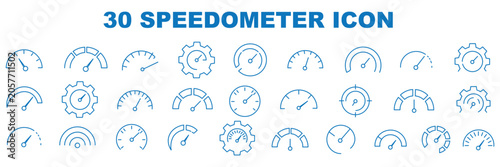 Obraz na plátně Speedometer Icon Set, speed indicator gauge dashboard tachometer scale, speedometer with arrow, editable stroke line vector illustration for vehicle, app, and dashboard design