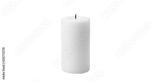 Schilderij op canvas A single, unlit white pillar candle with a wick on a clean white background