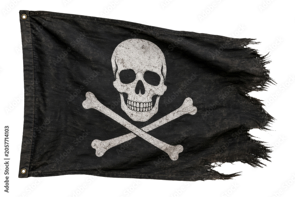 Obraz premium Tattered black pirate flag with skull and crossbones, weathered and worn
