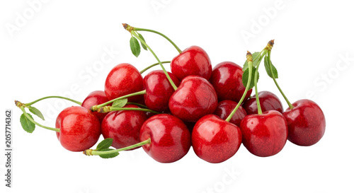 Tableau sur toile A pile of fresh, ripe red cherries with stems and leaves on a white background