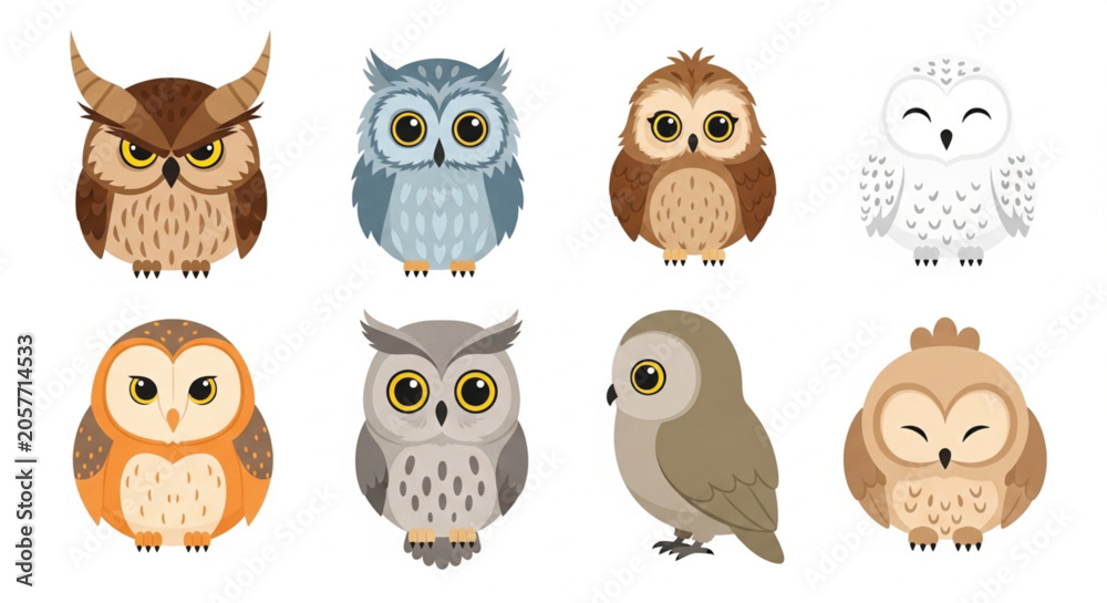 Obraz premium Cute cartoon owls vector character set with colorful flat snowy barn and horned owl birds for kids nursery illustrations