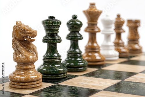 A detailed close-up showcases a wooden chess knight piece positioned in front of a line of intricately carved chess pieces, set against a classic checkered board.