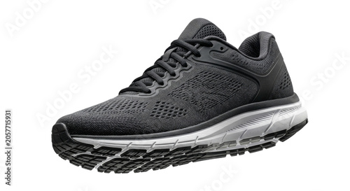 фотографія Sleek, modern dark gray running shoe with white sole and black accents